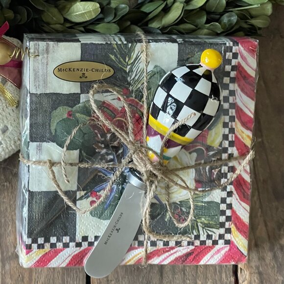 MacKenzie-Childs Hostess Gift Bundle – Courtly Check Cheese Spreader & Holiday N - Picture 1 of 13